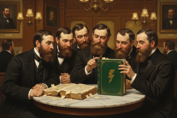 Six 19th-century Austrian economists gathered around a marble cafe table, leaning toward a gold-trimmed green volume beside a well-annotated open book