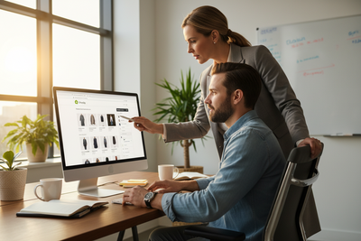 A Shopify store owner at his storefront on screen while an advisor points out changes to make