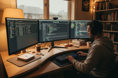 A solo founder working at a two-monitor desk with Claude Code open and a Mac mini beside it