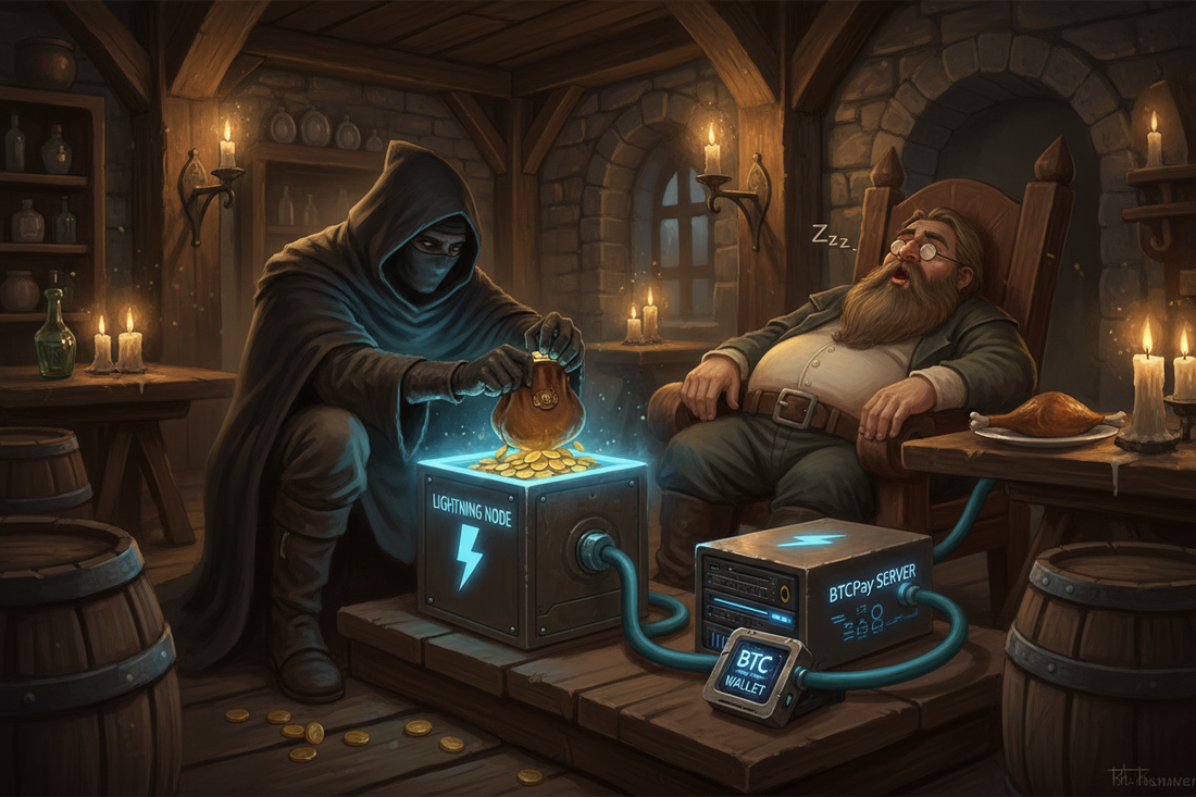 A hooded thief lifts a glowing purse of gold coins from a crate labelled Lightning Node, cabled to a BTCPay Server and a BTC wallet, while the bearded merchant who owns it sleeps in a chair beside them in a candlelit tavern.