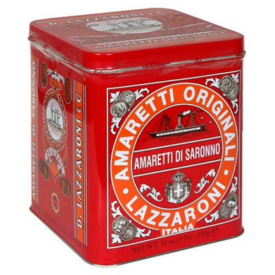 Lazzaroni Amaretti di Saronno in the classic red tin, Italian almond macaroons baked to the 1718 recipe