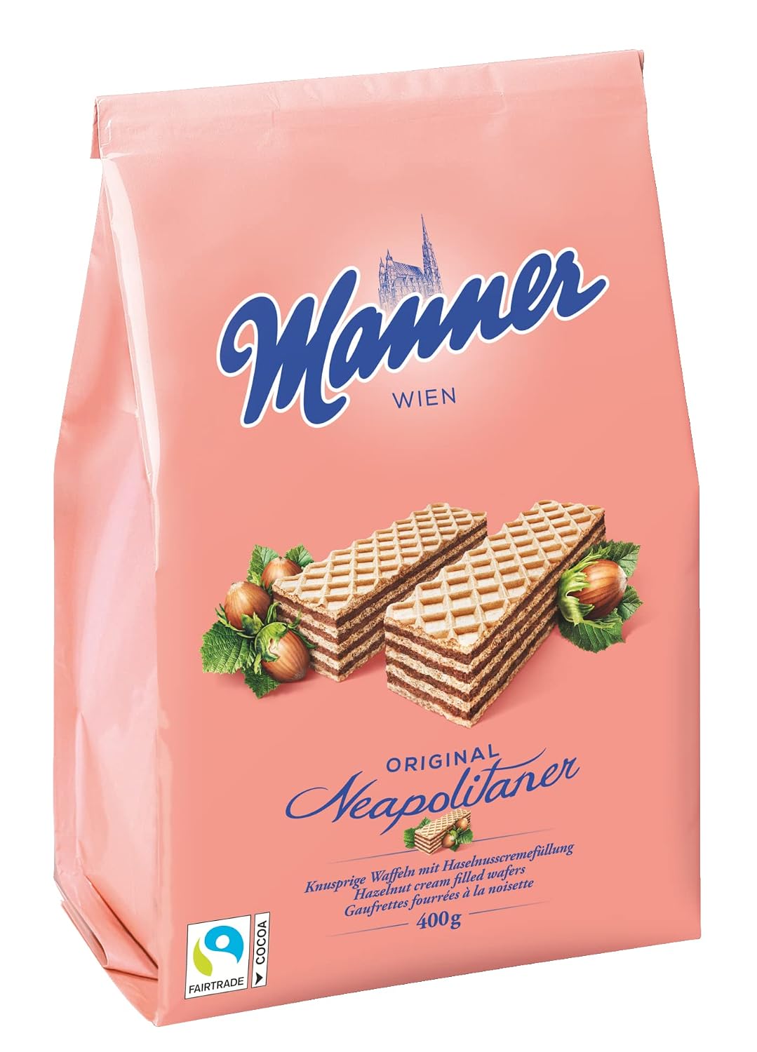 Manner Original Neapolitan Wafers in the classic pink packet, hazelnut cream wafers made in Vienna since 1898