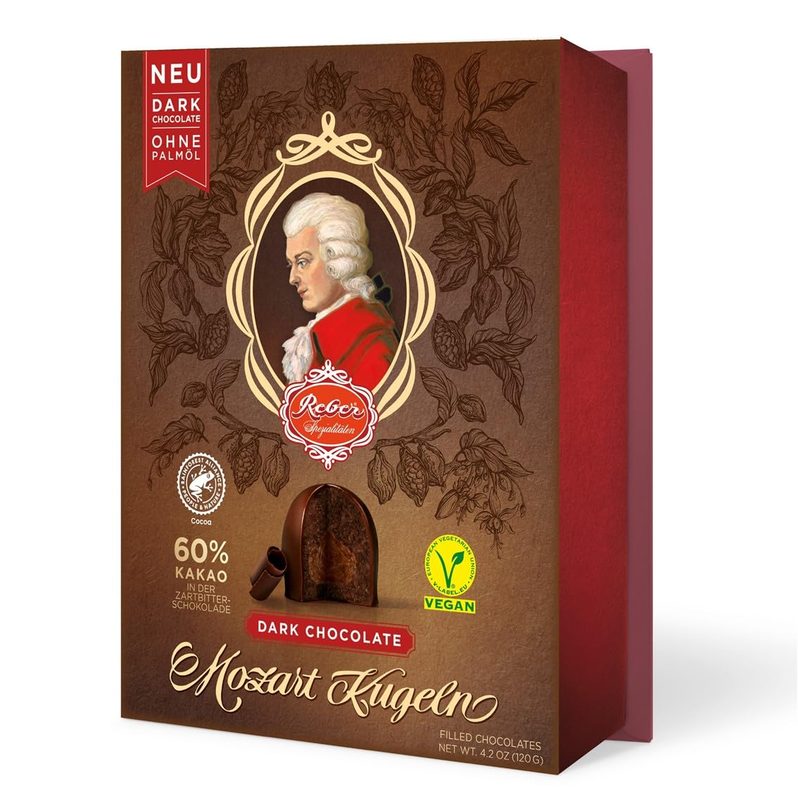 Reber Mozart Kugel, dark chocolate over pistachio marzipan and hazelnut nougat, made in Bad Reichenhall, Bavaria