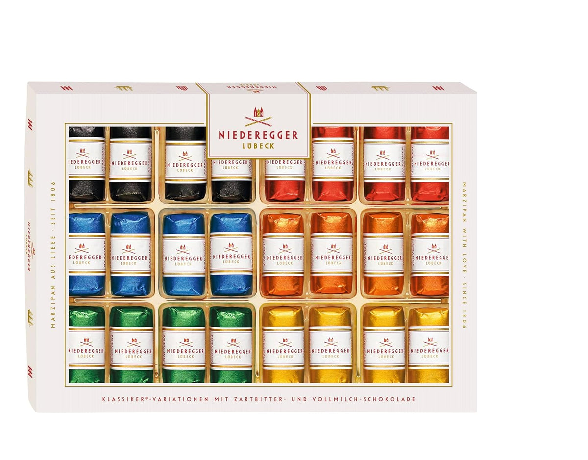 Niederegger Classic Marzipan Assortment, 24 pieces of Lübeck marzipan in dark and milk chocolate across six varieties including espresso