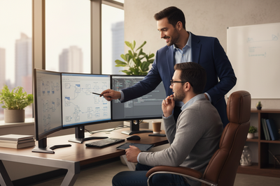 A mentor guiding a student through a SysML model-based systems engineering diagram on a workstation