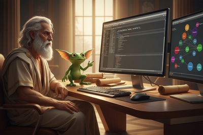 A data scientist and the Apache TinkerPop gremlin composing a Gremlin traversal together at a monitor