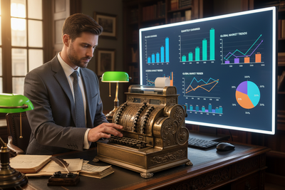 An accountant working an antique mechanical cash register beside a modern screen of finance charts