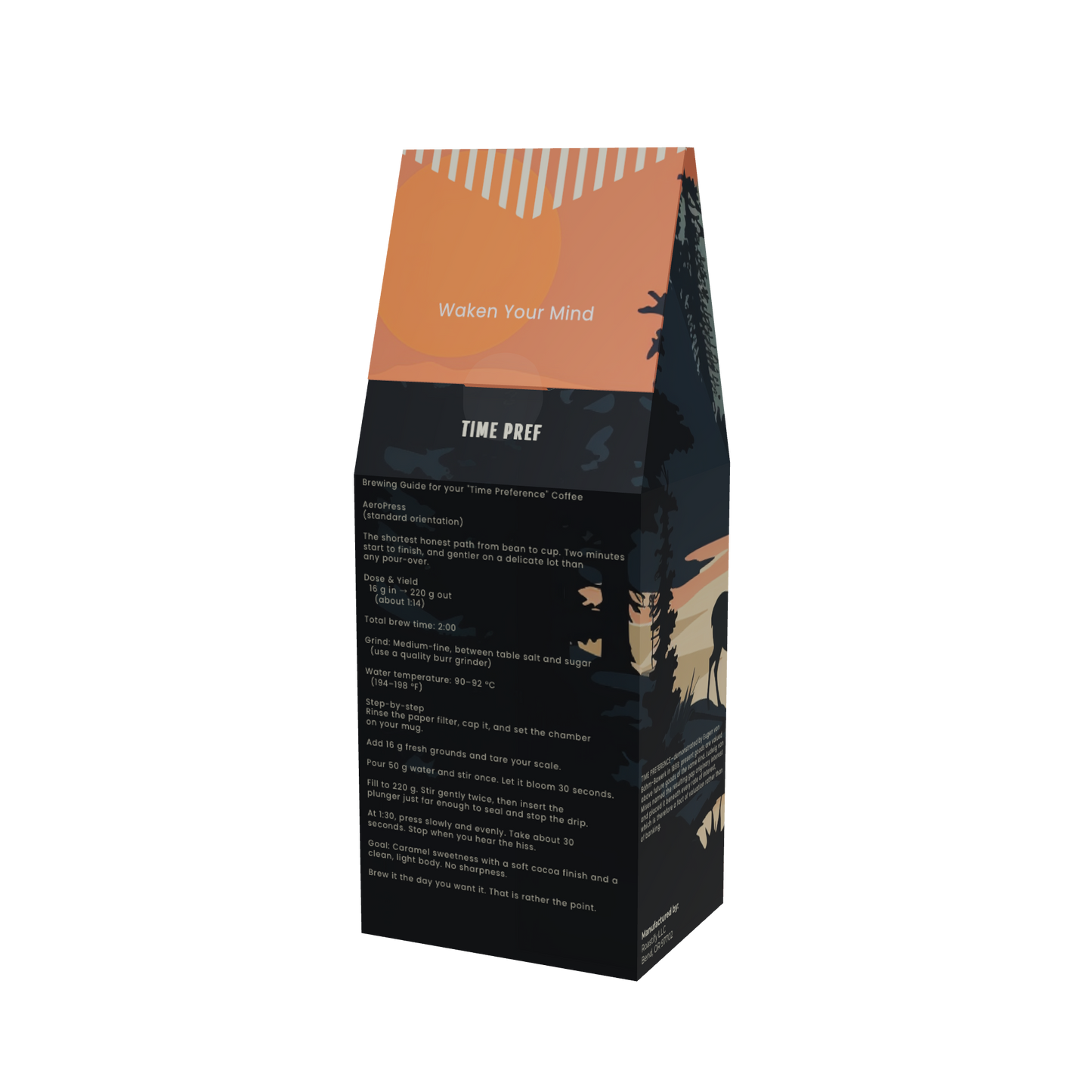 Time Preference coffee box, back panel — AeroPress brewing guide, toffee sweetness