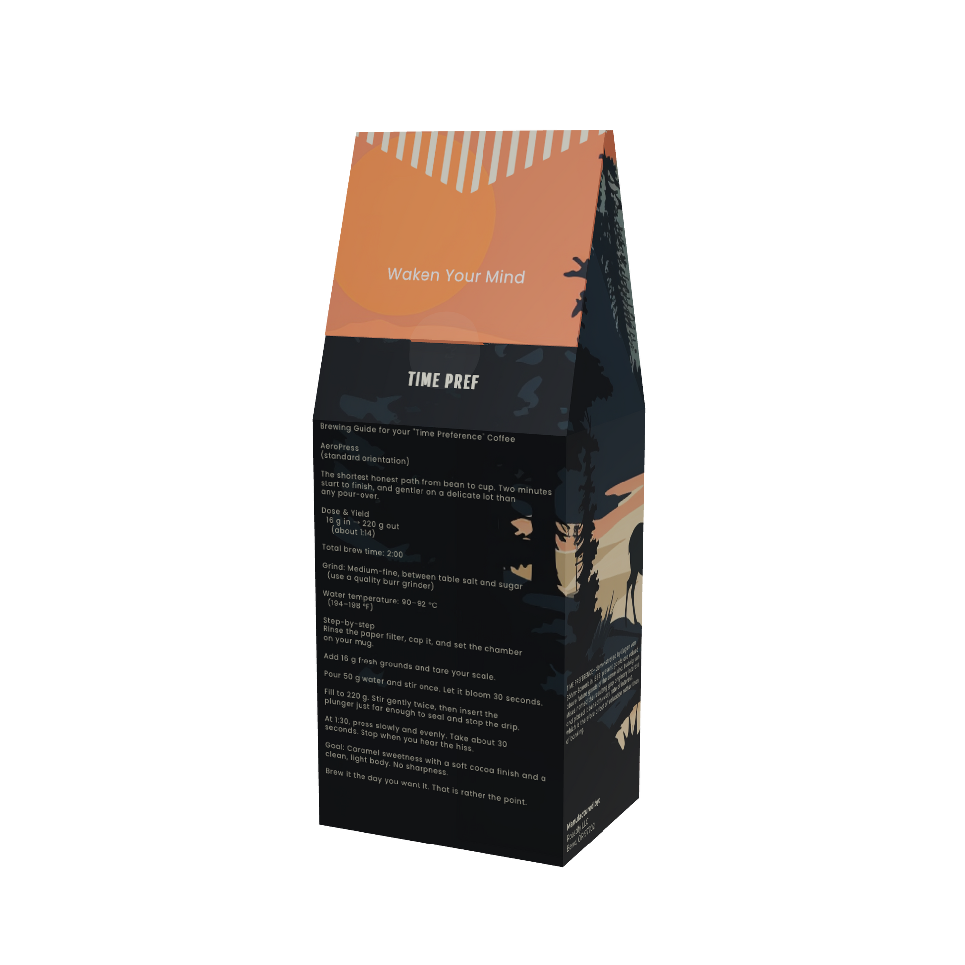 Time Preference coffee box, back panel — AeroPress brewing guide, toffee sweetness