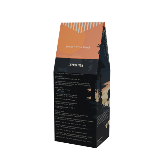 Imputation coffee box, back panel — batch brew guide, toffee and dark chocolate with a citrus finish