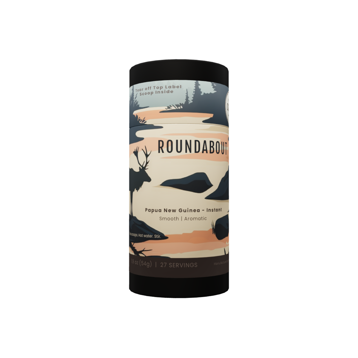 Roundabout instant coffee tube — caribou at dusk wrapping the 54 gram canister, Papua New Guinea single origin, 27 servings, scoop inside