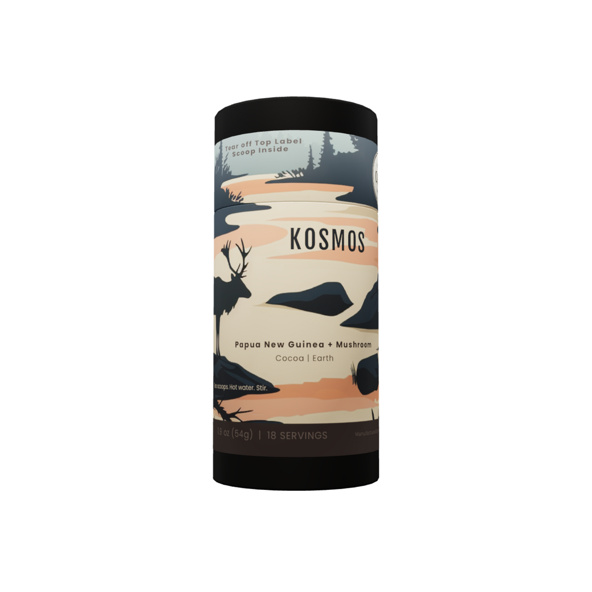Kosmos instant mushroom coffee tube — caribou at dusk wrapping the 54 gram canister, Lion's Mane and Chaga on a Papua New Guinea single origin, 18 servings, scoop inside