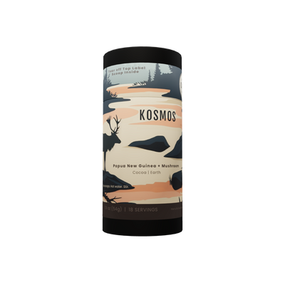 Kosmos instant mushroom coffee tube — caribou at dusk wrapping the 54 gram canister, Lion's Mane and Chaga on a Papua New Guinea single origin, 18 servings, scoop inside