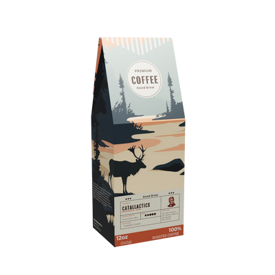 Catallactics coffee box, front panel — dark roast blend of Brazilian, Mexican and Guatemalan coffee