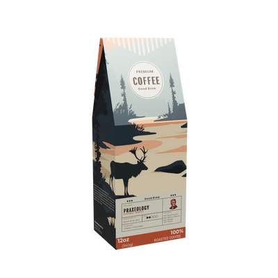 Praxeology coffee box, front panel — single-origin Colombian medium roast from Huila and Cauca