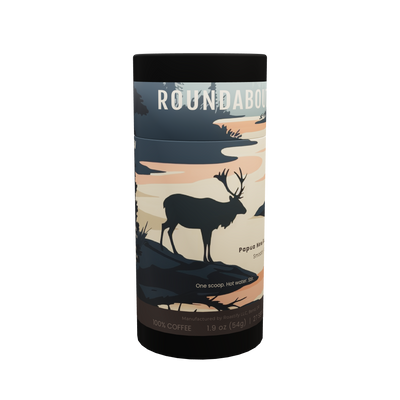 Roundabout instant coffee tube, front — Papua New Guinea single origin, 27 servings, 54 grams