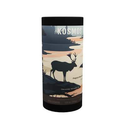 Kosmos instant mushroom coffee tube, front — Lion's Mane and Chaga on a Papua New Guinea single origin, 18 servings