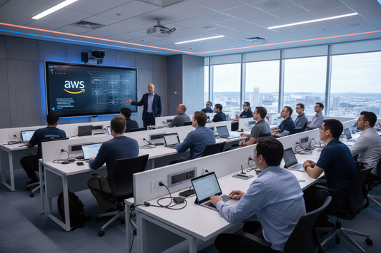 An engineer addressing a classroom of AWS cloud architects