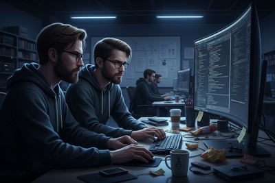 Two engineers pair programming over a monitor of Linux infrastructure code