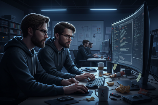 Two engineers pair programming over a monitor of Linux infrastructure code