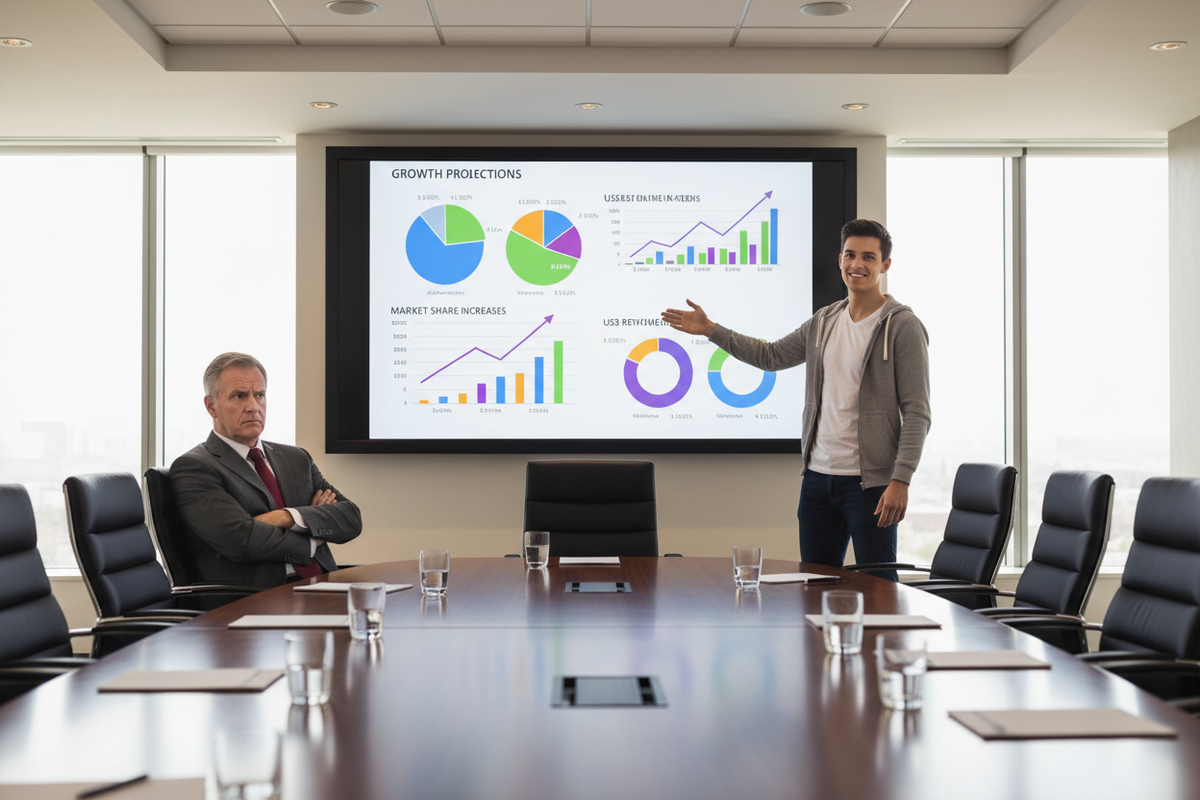 A young technology founder presenting marketing figures to a skeptical older businessman
